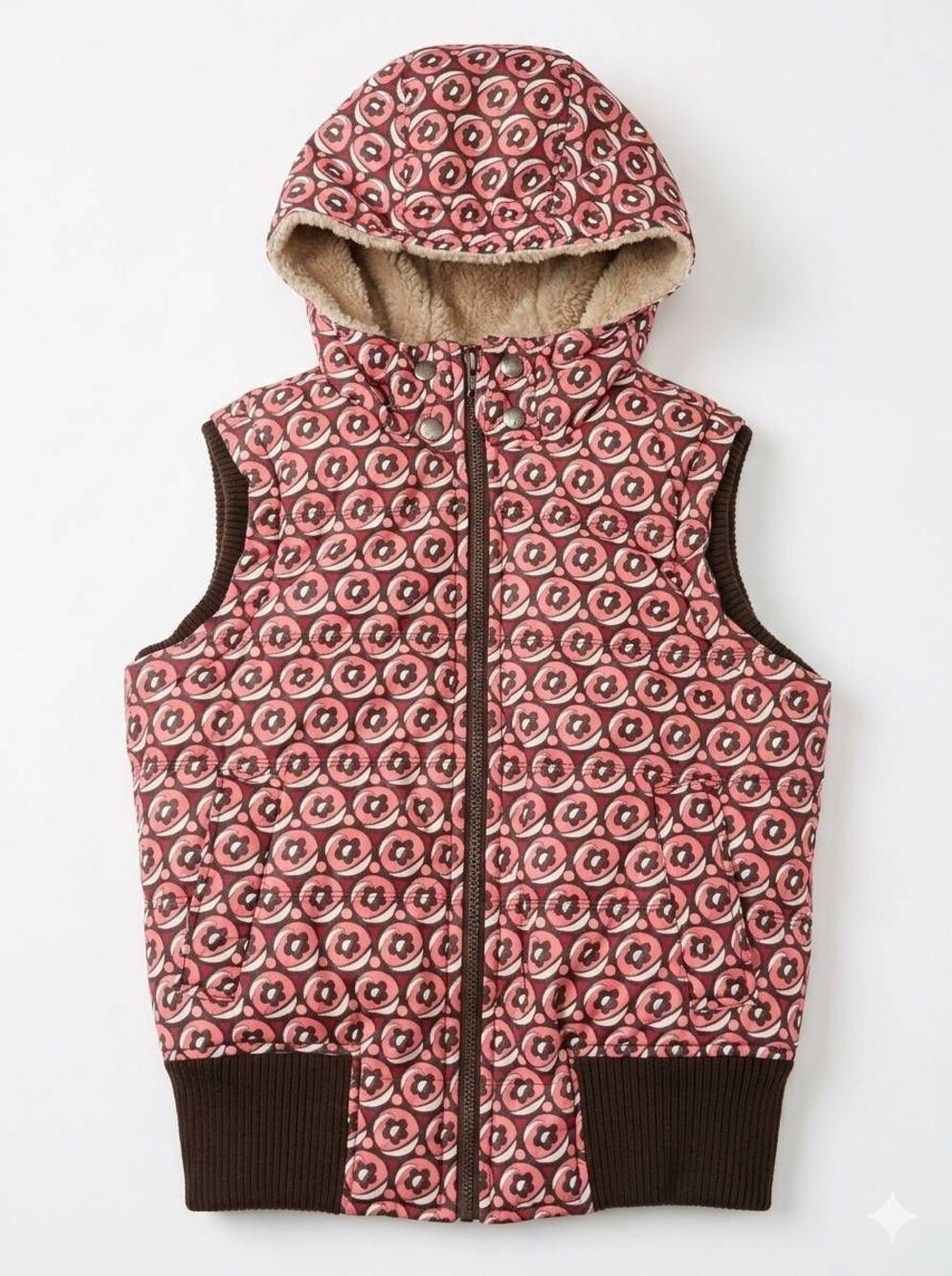 🔹️Aeropostale Brown & Coral Geometric Down Filled Hooded Puffer Vest Jacket Sma